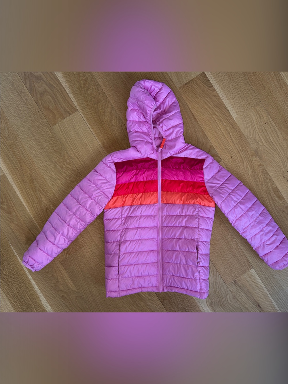 Primary Pink Hooded Puffer Jacket with Red & Orange Stripes